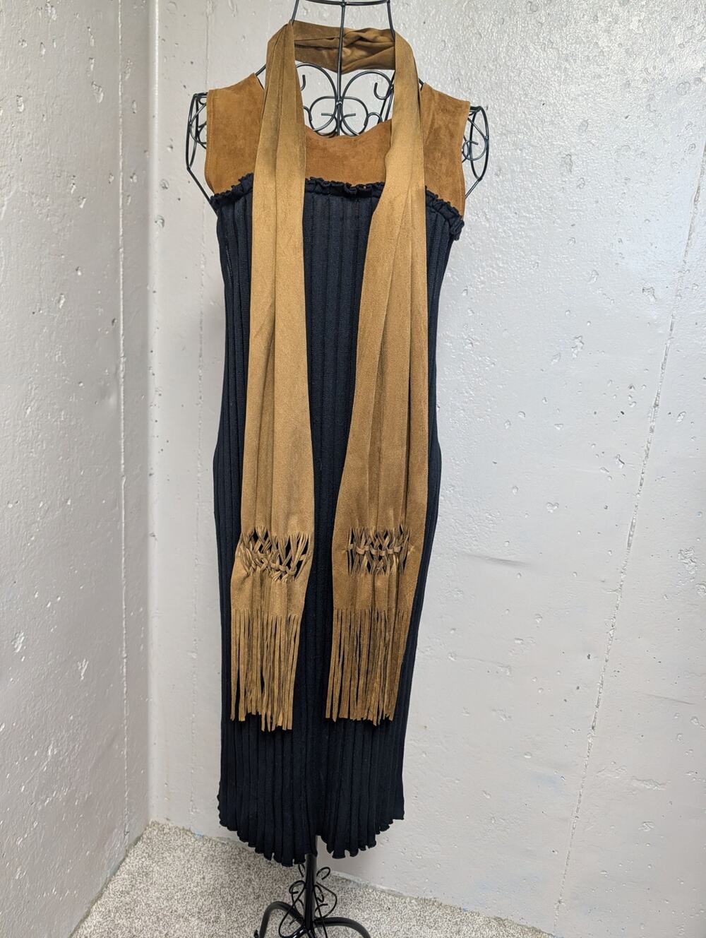 SI-IAE Silk Modal Cashmere Leather Ribbed Midi Dress Fringe Scarf M
